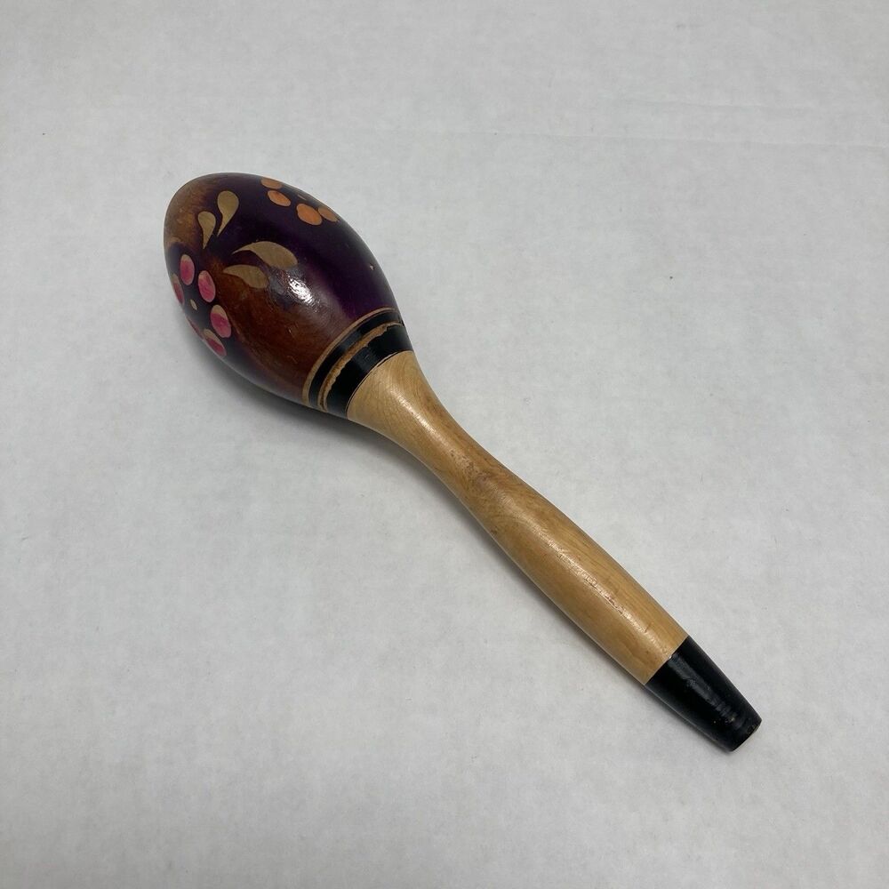 Vintage Wooden Painted Maracas Hand Carved Flowers Shaker Mexico 6 In Miniature